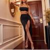 Summer Women's Pleated Sexy Exposed Navel Suspender Solid Color High Slit Long Skirt Two-piece Set