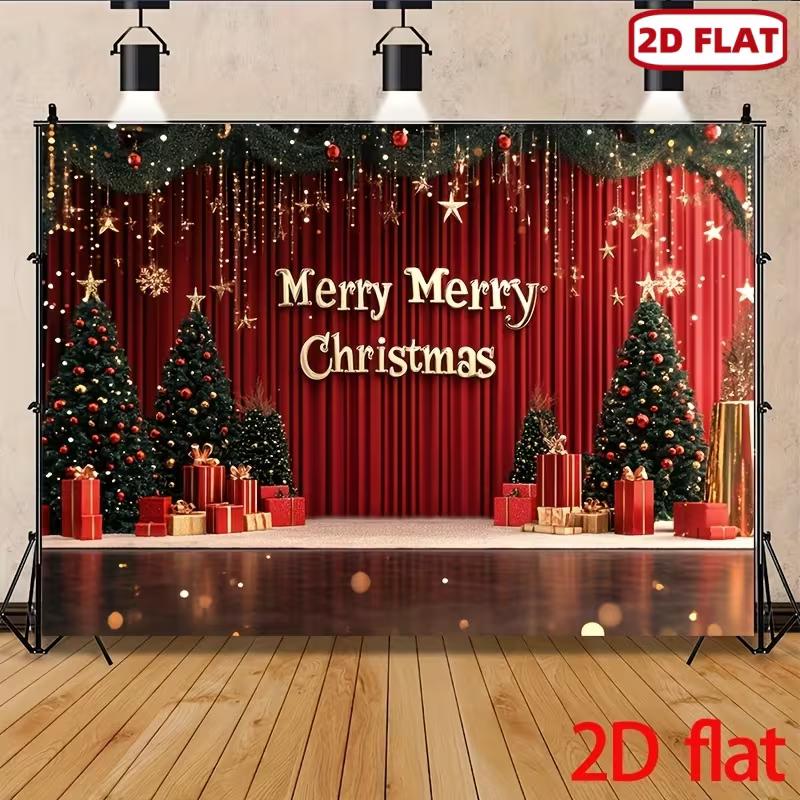2D Red & Gold Christmas Tree Gift Stage Photo Background