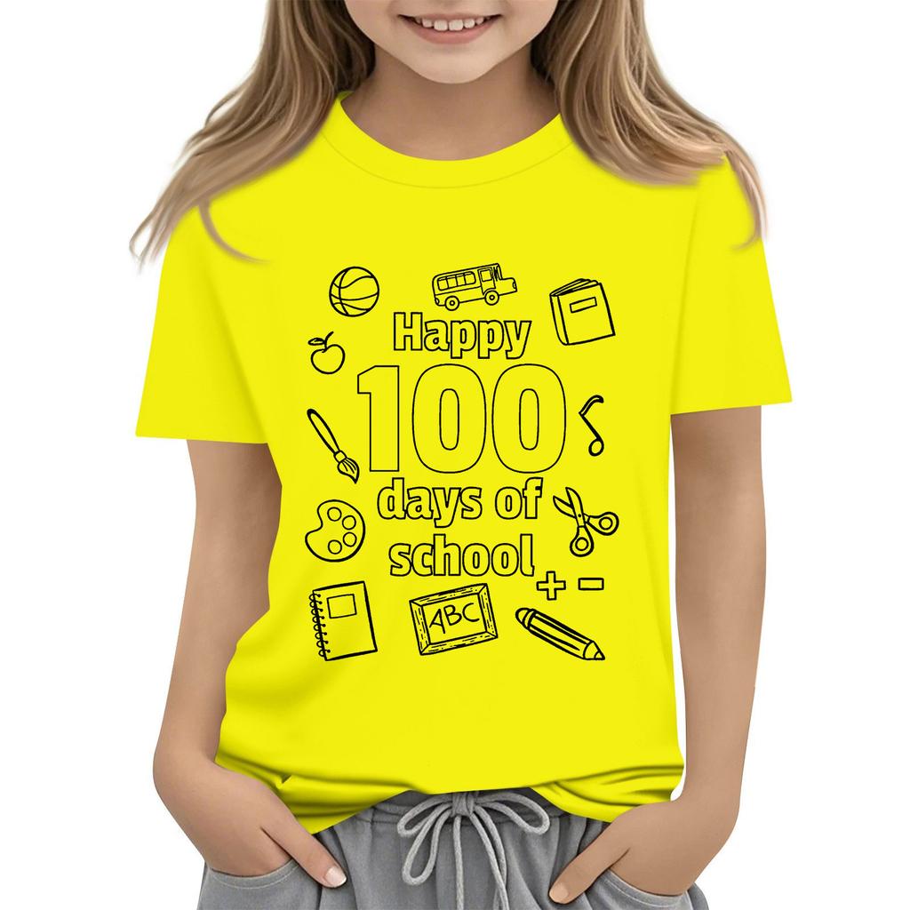 Kids Fashion Casual Short Sleeve 100 Day School Anniversary Printed Round Neck T-Shirt Top