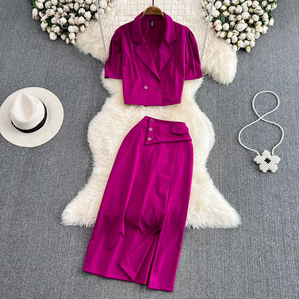 Женский костюм в стиле ретро с лацканами, свободная короткая куртка с пышными рукавами, юбка из двух частей с высокой талией и разрезом