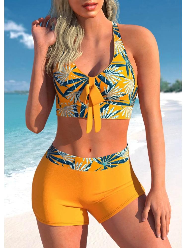 Fashion Comfortable Beachwear Summer Women's Swimwear Maple Leaf Sexy Swimwear Women's Two Piece Tankini Shorts Swimwear S-5XL