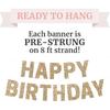 Pre-strung Happy Birthday Banner - No DIY - Gold Glitter Birthday Party Banner for Men & Women - Pre-strung Garland on 8 ft Strands - Gold Bday Party