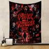The pattern features horror villains and text in a glowing, bloody style. Patterned tapestry for bedroom and living room home decor