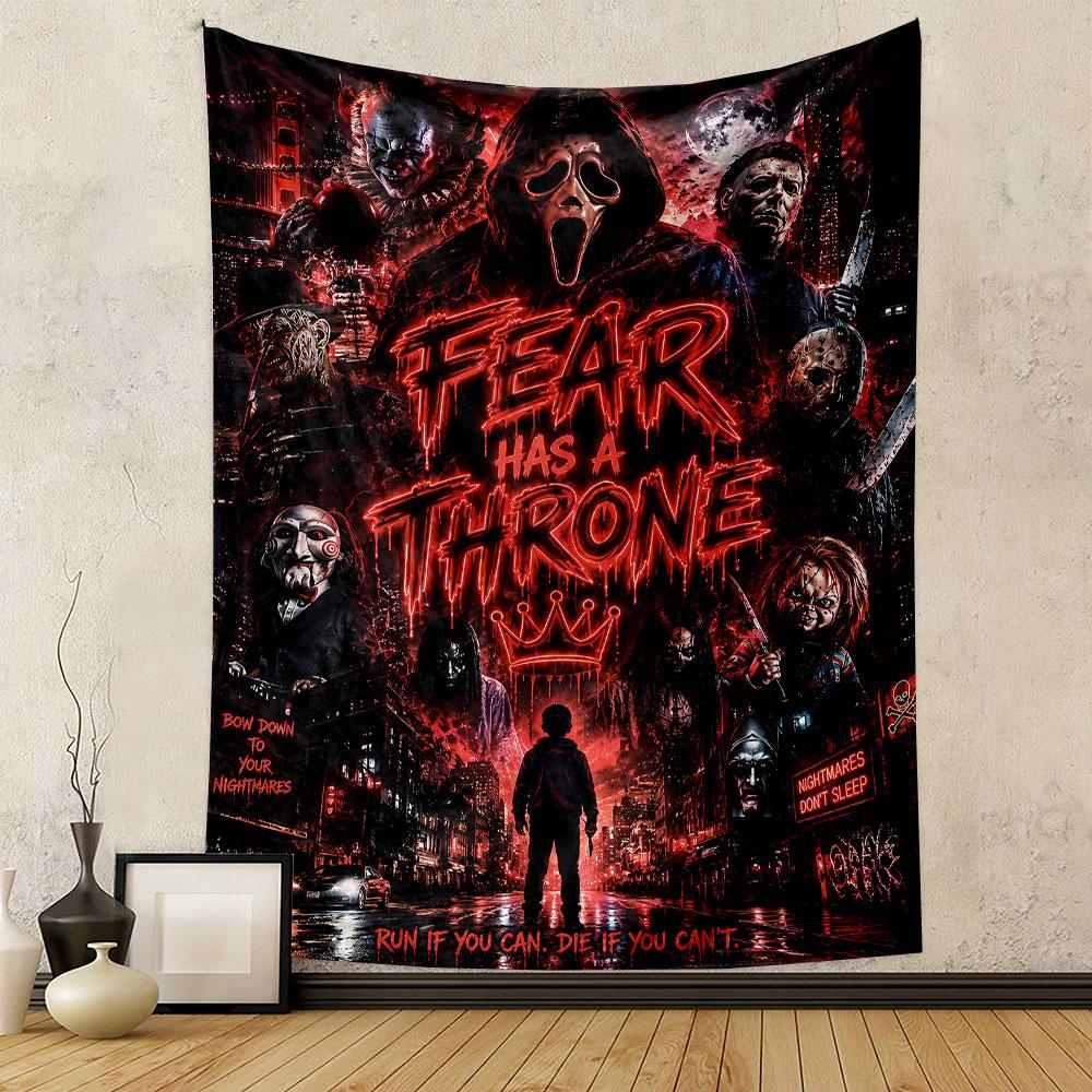 The pattern features horror villains and text in a glowing, bloody style. Patterned tapestry for bedroom and living room home decor