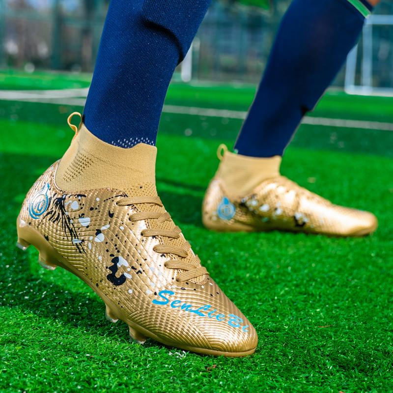 33-46 Men's High-top Football Boots Large Size Long Nails Leather Boys Soccer Shoes Nailing Anti -slip Football Boots