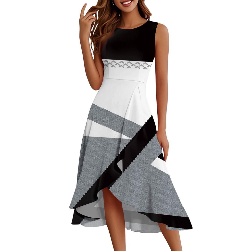 Женские модные повседневные платья без рукавов с круглым вырезом и принтом, элегантные, темпераментные, с оборками