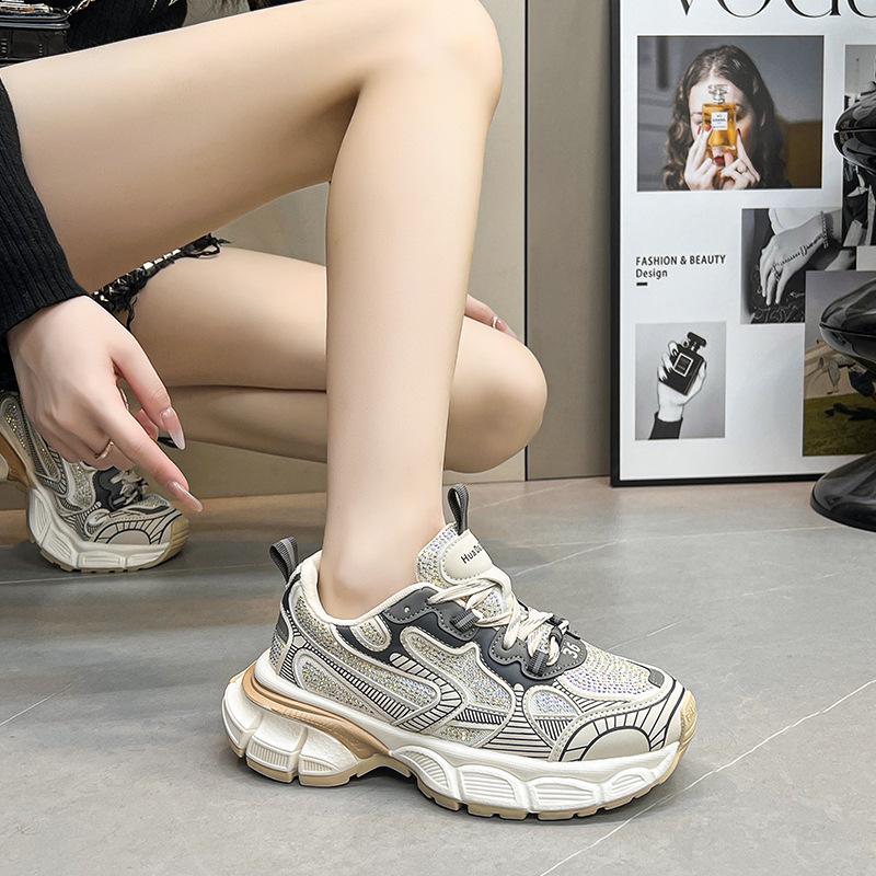 Rhinestone Paris Daddy Shoes Women's Early Autumn New Thick-soled Versatile Lace-up Mesh Breathable Sports Casual Shoes Tide