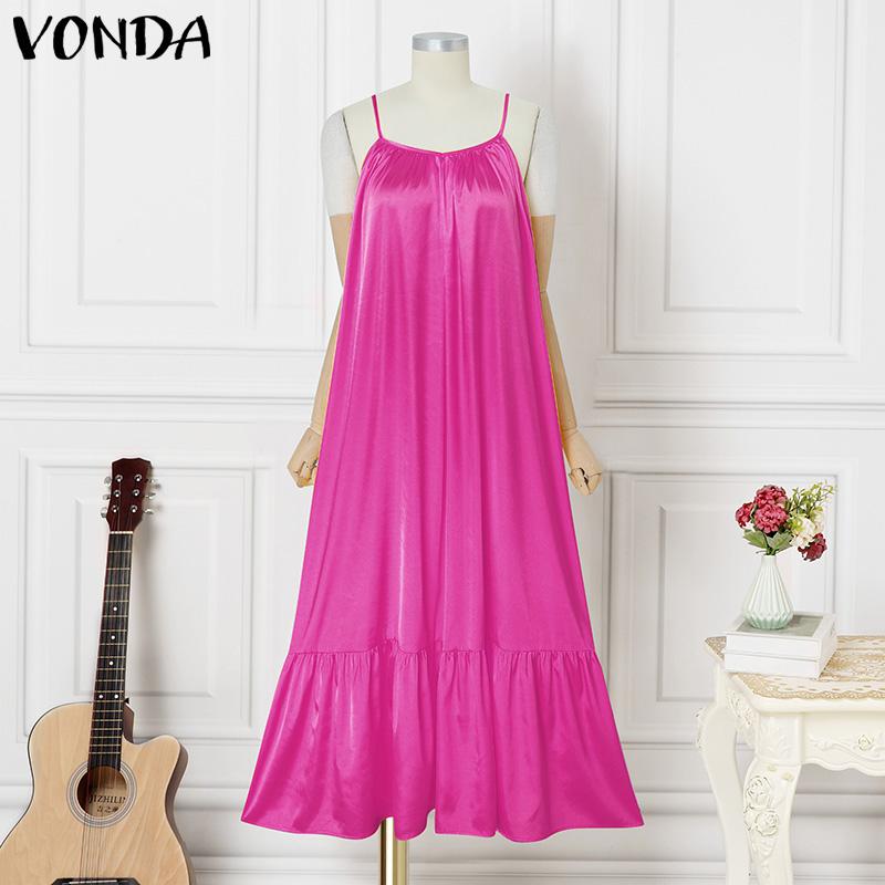 VONDA Летнее женское безрукавное бретелька однотонное атласное повседневное пляжное свободное макси-плиссированное платье