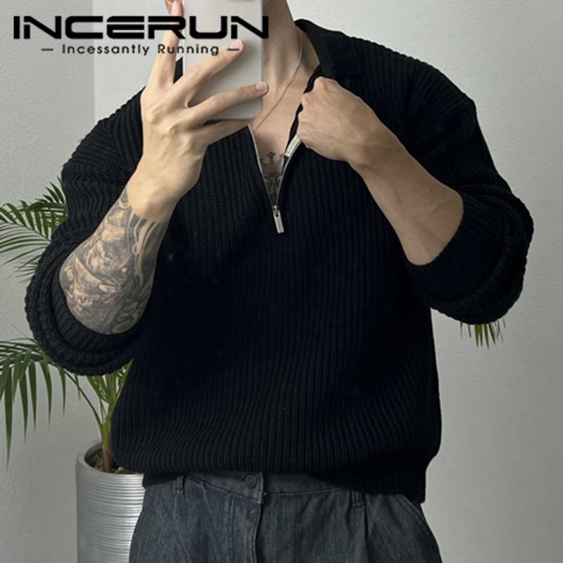 INCERUN Осенне-зимние мужские свободные свитера на молнии с воротником