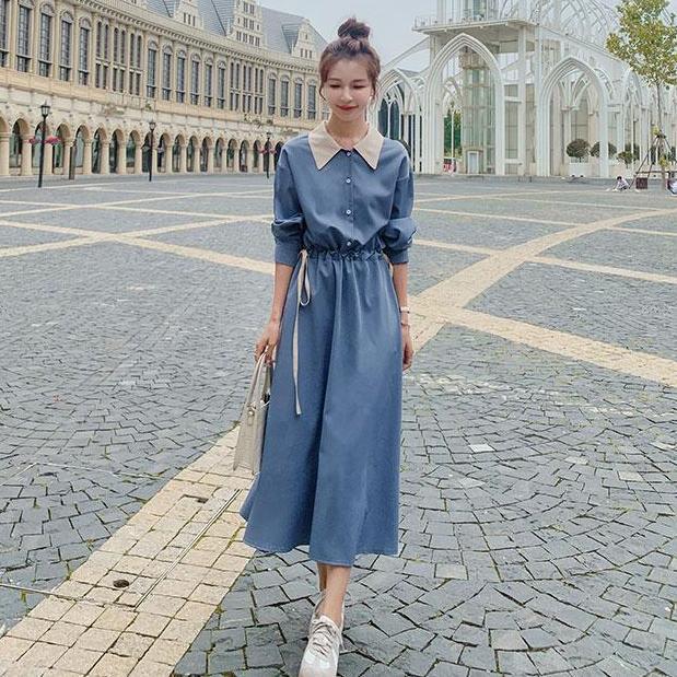 Французское платье-рубашка с длинным рукавом в стиле колор-блок, женское, весна-осень, с акцентом на талии, темпераментное, молодежное, длинная юбка