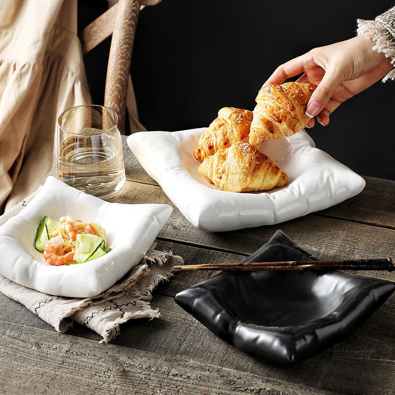 Creative Ceramic Salad Plate Kitchen Tableware Dinner Plate Pasta Steak Dessert Plate Pillow Shaped Dessert Bowl Salad Bowl
