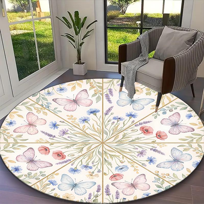[Blue Butterflies Printed Carpet] Durable Home and Office Round Rug, Kitchen Farmhouse Decorative Floor Mat
