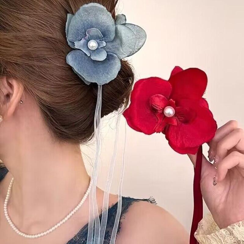 Элегантный зажим с цветочной орхидеей, винтажная лента с длинной заколкой для волос с кисточкой, заколки для девочек, корейский хвост, аксессуары для волос, головные уборы