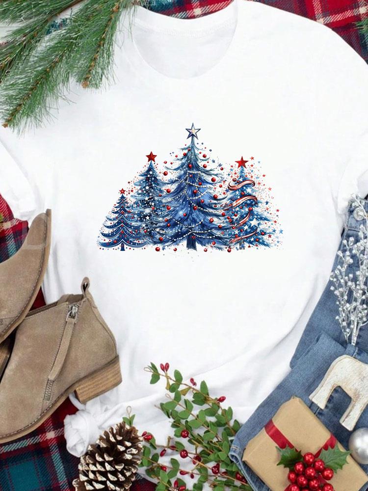 (Азиатский размер) Футболка Новогодний праздник милый стиль письма Счастливого Рождества Топ фестиваль Повседневная Женская Принт Леди Короткий рукав Модные Графические футболки