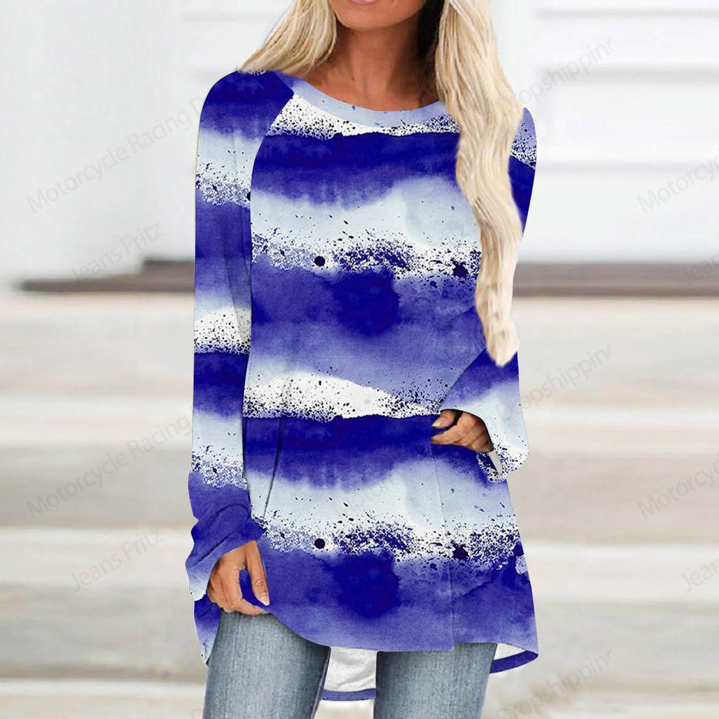 Красный Синий Фиолетовый Звездный 3D Принт Длинный Рукав Футболка Женская Мода Круглый Вырез Длинная Туника Топы Женская Осенняя Полосатая Одежда Роскошь