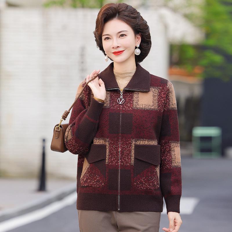 Клетчатый кардиган на молнии с лацканами из корейского бархата для женщин среднего и пожилого возраста – осенне-зимнее трикотажное пальто
