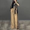 2 Pcs/Set Lady Formal Coat Pants Set Long Sleeves Colorblock Striped