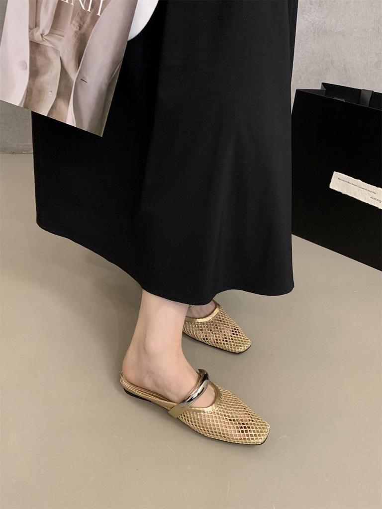 Fashion Women Mesh Ballet Flats Fishnet Ballerina Flats Buckle Strap Slip On Ballerina Shoes Summer New Mesh Beach Slides Outside Mules