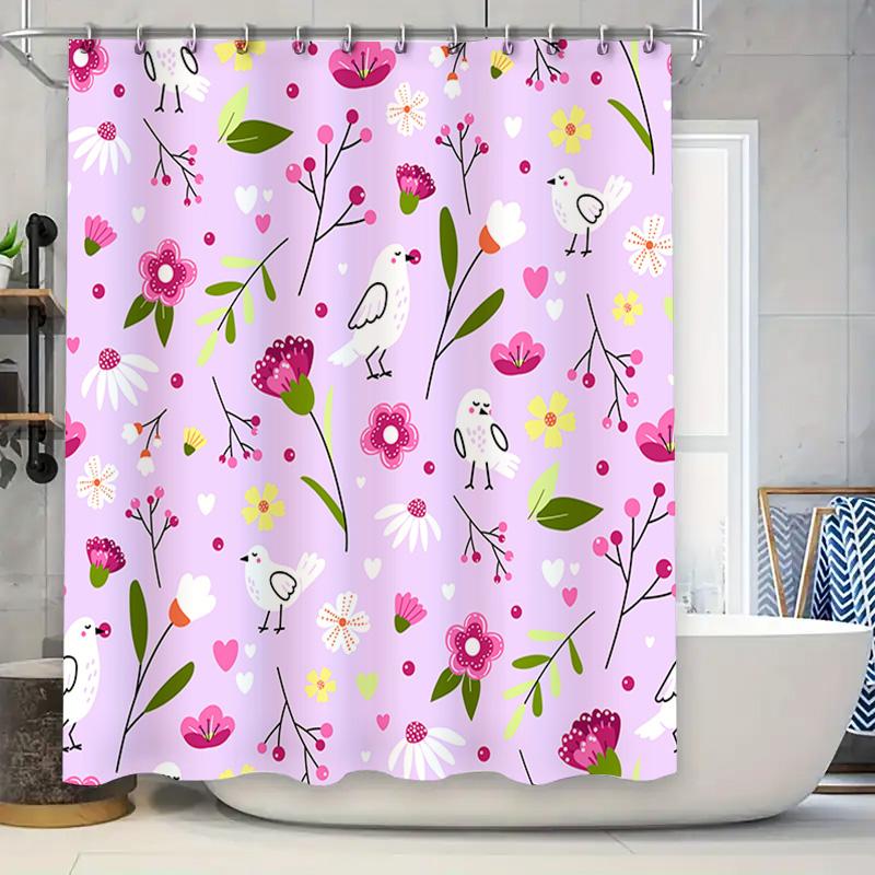 Floral Birds Bath Shower Curtain Pink Decorative Waterproof Fabric Decoration for Home Bathroom Decor