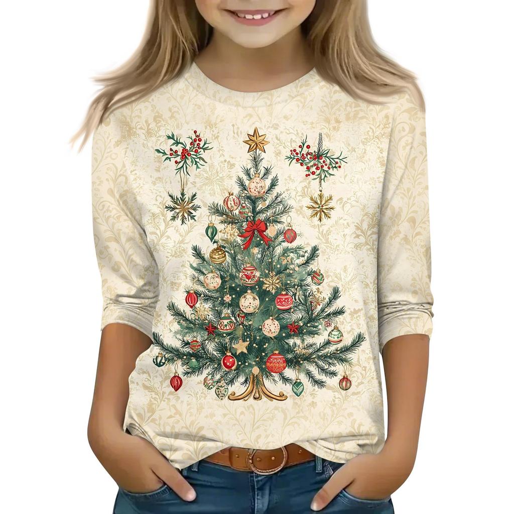 Children's 3/4 Sleeve Tops Casual Christmas Print T Shirt Round Neck Pullover Blouse