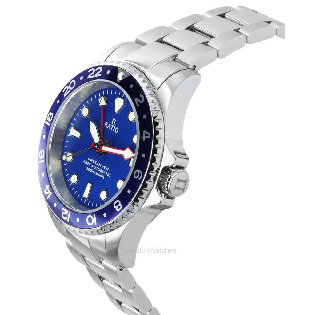 RATIO Мужские часы FreeDiver GMT Series с сапфировым стеклом из нержавеющей стали с синим циферблатом RTF053 200M