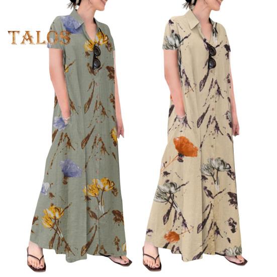 Женское летнее платье трапециевидной формы с лацканами, свободная рубашка с цветочным принтом, с короткими рукавами на пуговицах и боковыми карманами, длинное платье до щиколотки