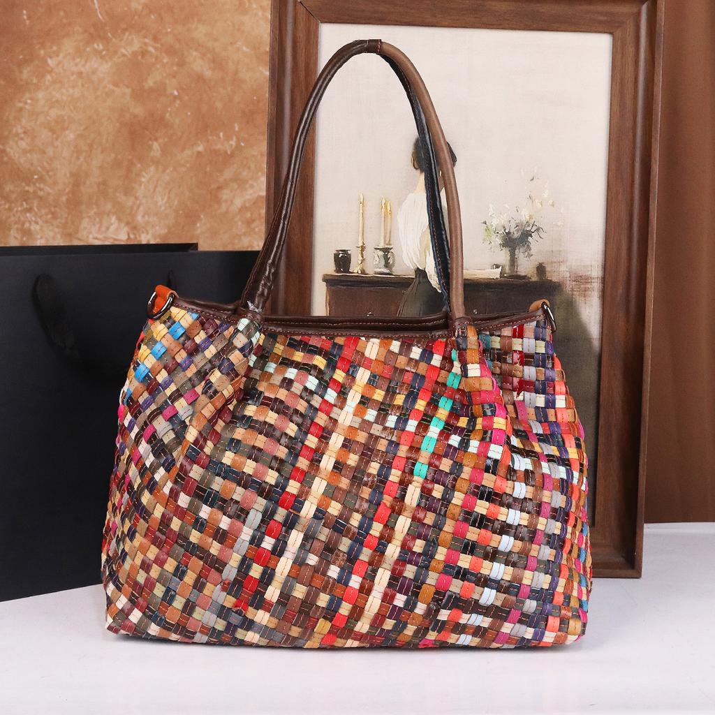 Новая женская сумка-тоут большой вместимости из разноцветной лоскутной кожи, плетеная, повседневная, универсальная, сумка через плечо, ручная сумка