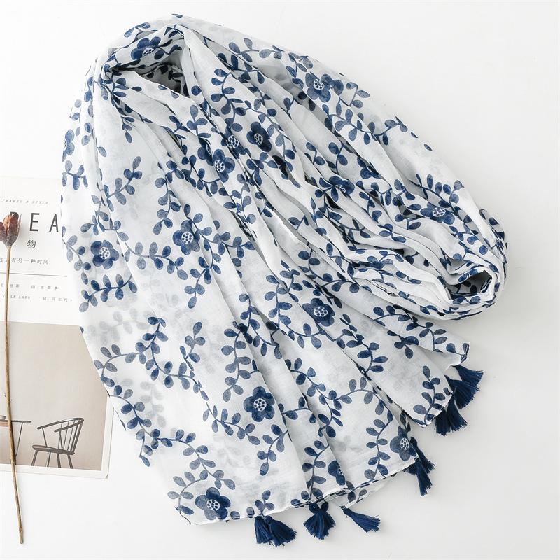 Шарф из хлопка и конопли Four Seasons, ретро-арт, этнический стиль, синий цветок, балийский шелковый шарф, туристическая шаль