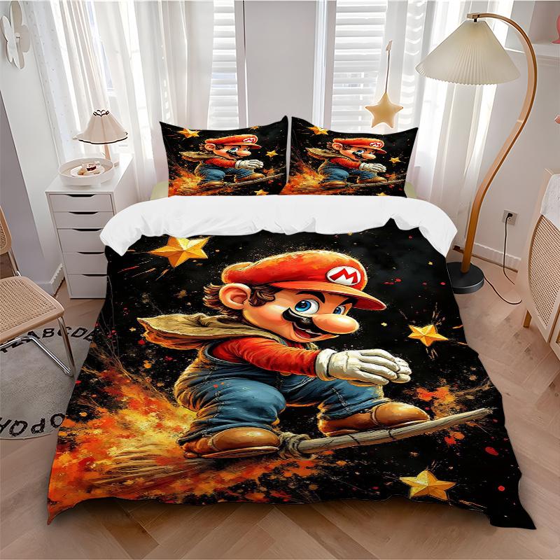 3 шт. Постельное белье с принтом Super Mario, Мягкий и удобный пододеяльник для спальни, гостевой комнаты (1 Пододеяльник + 2 Наволочки, Наполнитель для подушек N