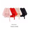Kaslead New Women Clothes Western Style Fashion Simple Three-Color Puff Sleeve Frill Creased Short Dress