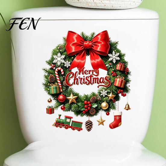 Self Adhesive Toilet Lid Decal Christmas Wreath Decal, Merry Bow Seat Sticker, Bathroom Holiday Decorations Waterproof Tank Decals, Self-Adhesive Wall