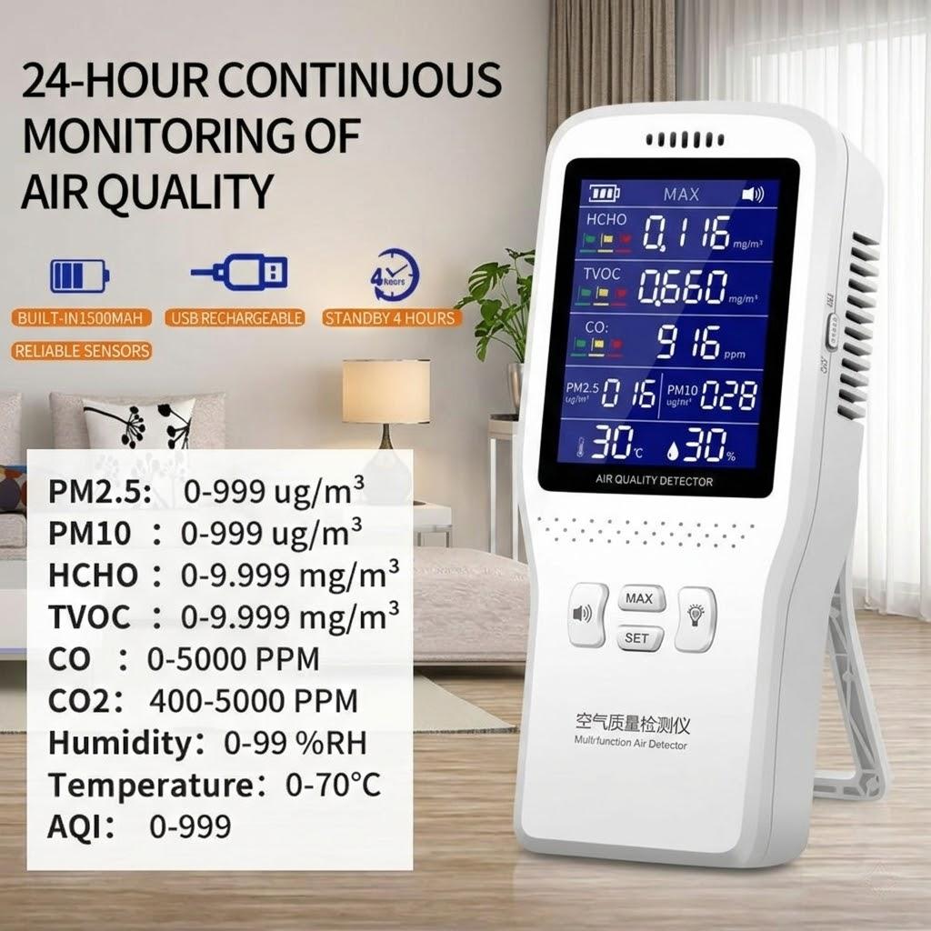Новый портативный детектор качества воздуха 9-в-1 PM2.5 PM10 HCHO TVOC CO CO2 AQI Температура Влажность Многофункциональный ЖК-цифровой монитор качества воздуха для дома