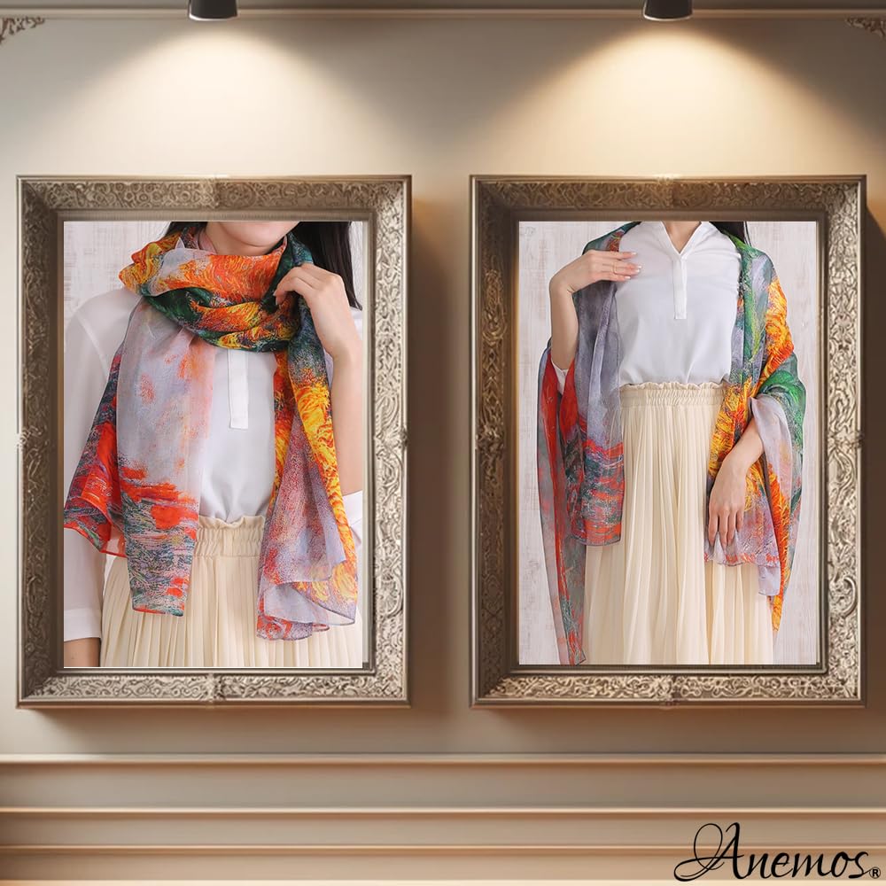 Шелковый импрессионист Клод Моне Подсолнухи Шифоновый шелк Большой шедевр Палантин Подарок [Анемос] 100%