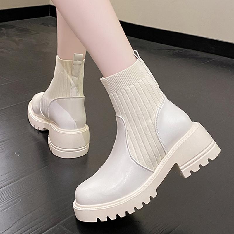 Мода Rimocy Женская мода Платформа Ботильоны Осень Зима Толстый каблук Вязаные Короткие Сапоги Женские Слипоны PU Кожаные Ботинки Mujer