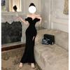 One-word Shoulder Dress Long Dress Women's Spring Ruffle Edge Temperament Socialite High Split Evening Dress Dress