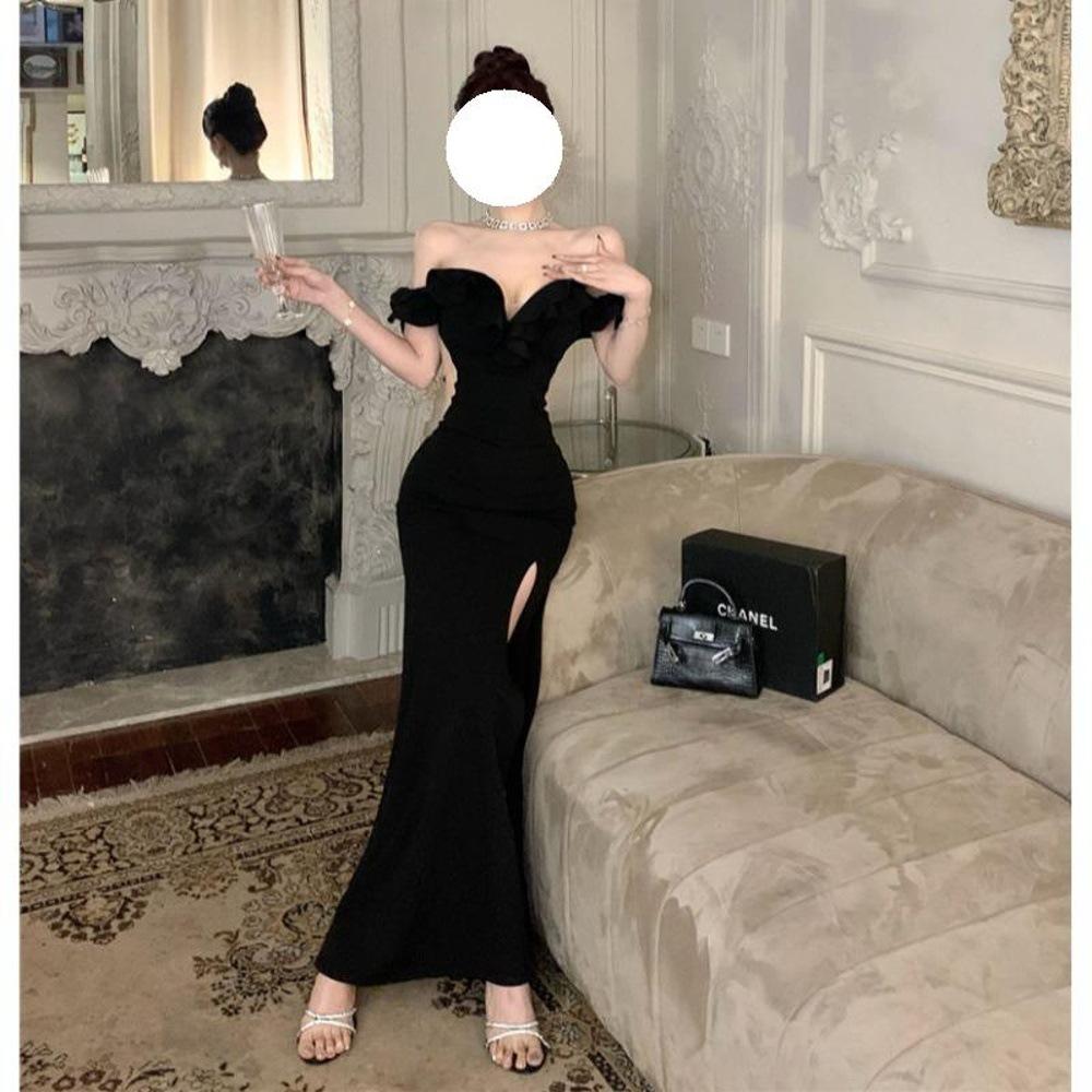 One-word Shoulder Dress Long Dress Women's Spring Ruffle Edge Temperament Socialite High Split Evening Dress Dress
