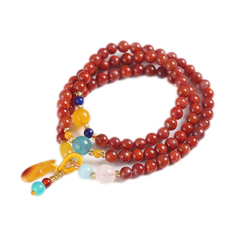 Natural three-ring full-bead Southern Red Agate bracelet with a natural-shaped beeswax pendant, multi-ring bracelet, jewelry