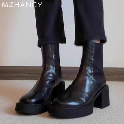 Модные кожаные женские ботильоны на высоком каблуке, модные массивные туфли для женщин 2025 года, зимние элегантные новые ботинки челси, туфли-лодочки Mujer Botas