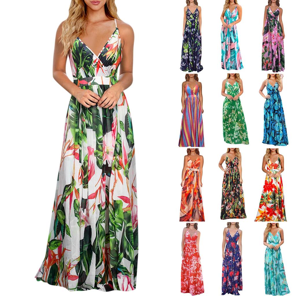 Summer Dress Dress Women's Dress Beach Skirt Print Belt Skirt Cross Strap Dress V-neck Vest Dress