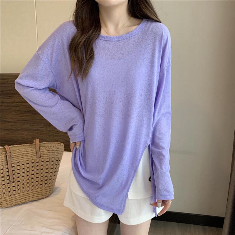 2025 Женская шикарная блузка цвета авокадо с длинными рукавами и солнцезащитным кремом с неровным разрезом