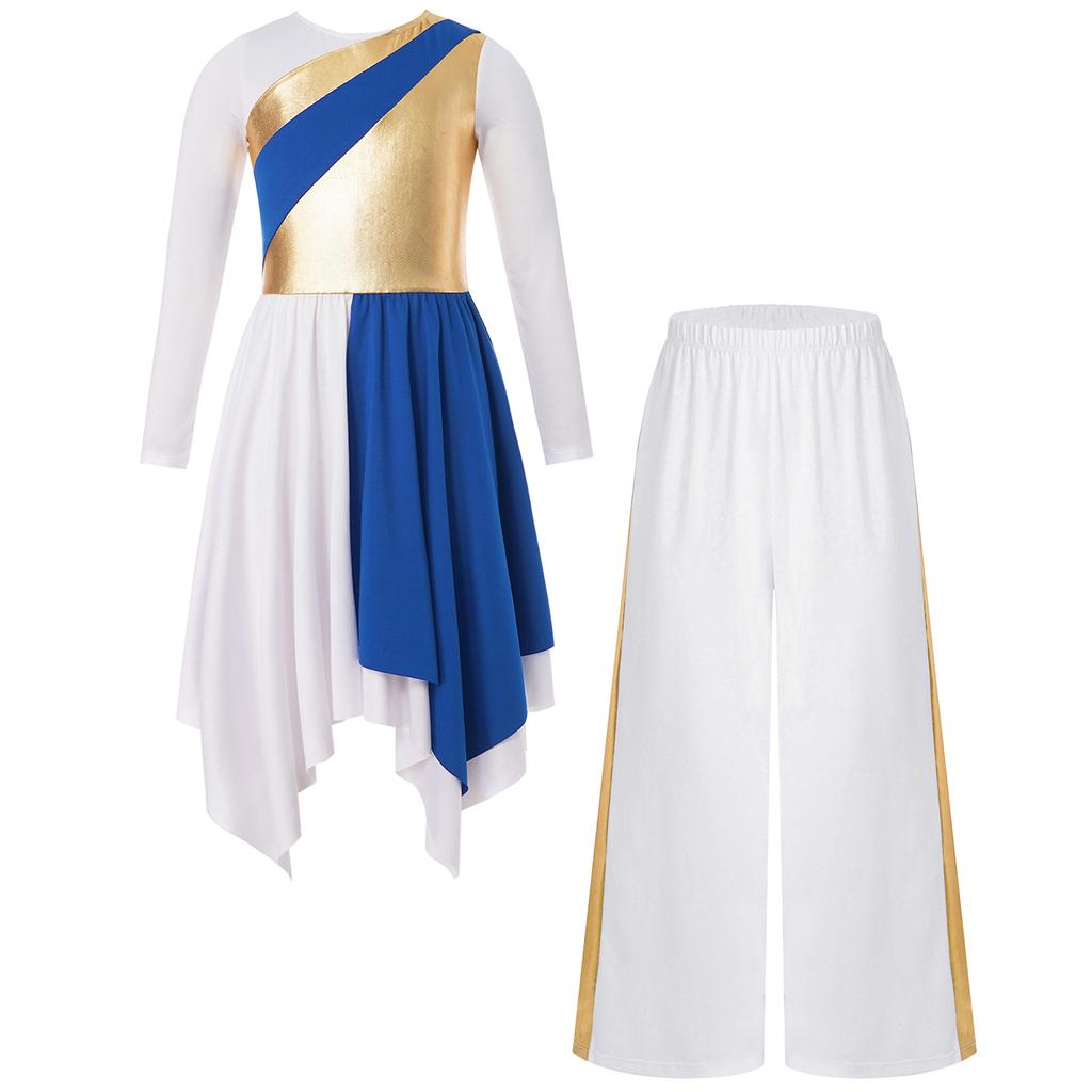 Girls Metallic Contrast Asymmetrical Hem Dress Wide Leg Pants Lyrical Praise Dance Costume Set