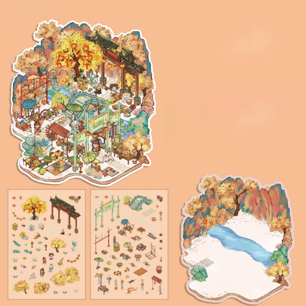 Китайские ретро 3D наклейки с многослойным пейзажем, мультяшные наклейки для ландшафтного дизайна, родитель-ребенок