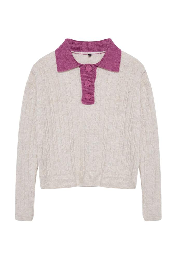 Women's Fashion Stylish Sweater Stone Soft Textured Polo Neck Color Blocked Knitwear Sweater