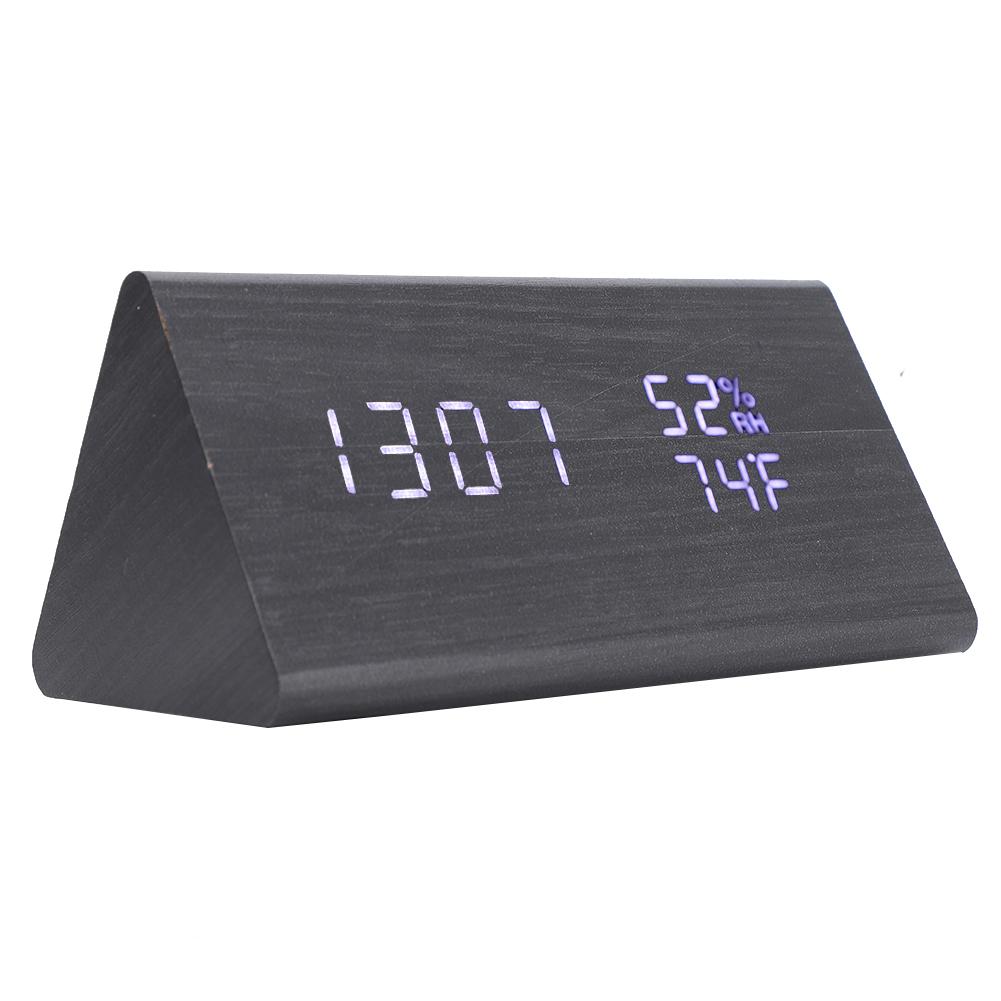 Digital LED Wood Desk Clock Voice Control Triangular Temp Humidity Alarm White Light