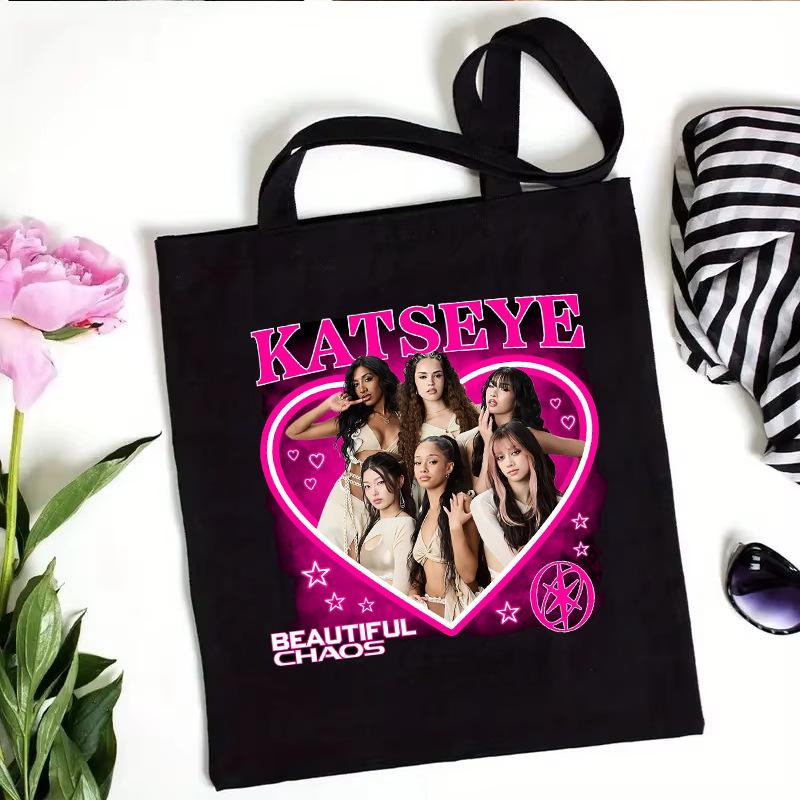 Katseye Kpop Merch Canvas Tote Bag Shoulder Handbag Shopping Bag Large Capacity Eco Friendly Fan Gift White