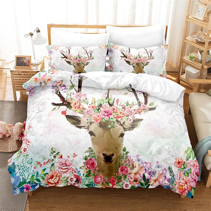 Flower Deer Bedding Collections Cartoon Animal KidS Duvet Cover Boys Girls Cute King Quilt Cover Bedroom Bed Collection Queen Bedding Collection