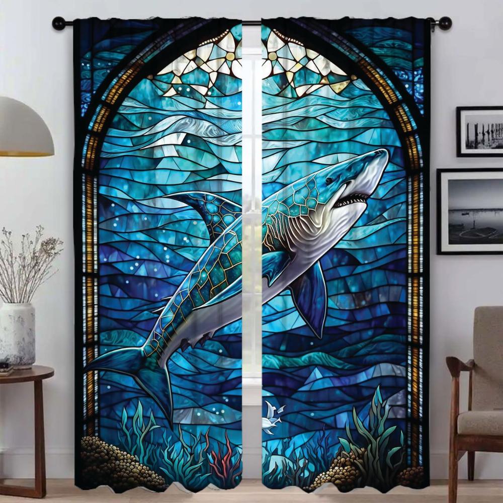 Stained Glass Sealife Blackout Curtains 2 Pieces Home Interior Curtains for Living Room Curtain Tulle for Bedroom Shades Kitchen