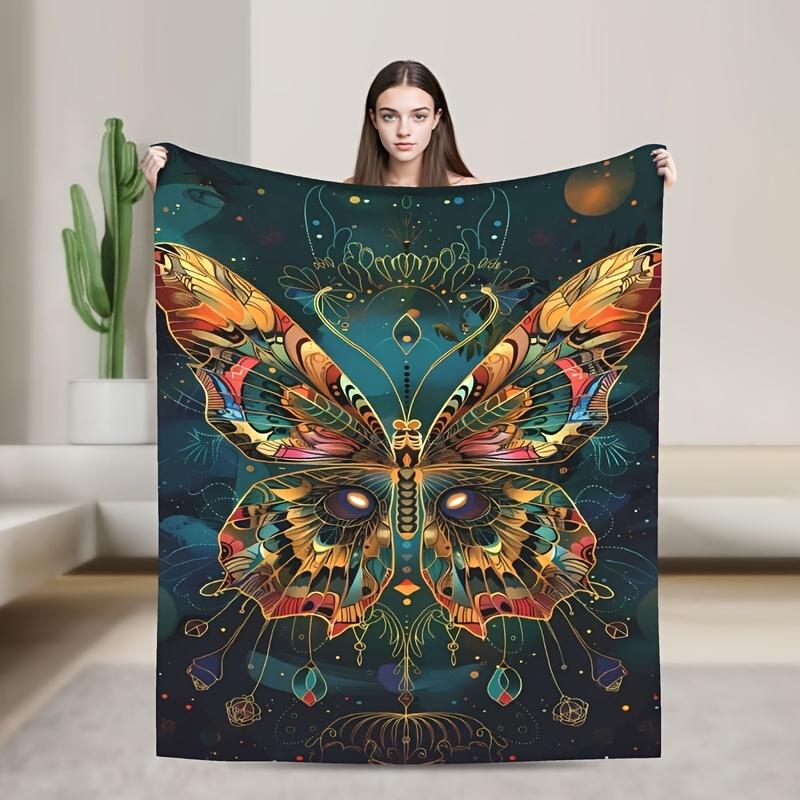 Vibrant Butterfly Print Flannel Blanket -Soft Warm Shawl for BedroomDorm,CarOutdoors,SofaTravel - Colorful Fantasy Design with
