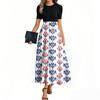 Women's Fashion Casual Belt Short Sleeve Round Neck Retro Printed Splicing Elegant Temperament Dress