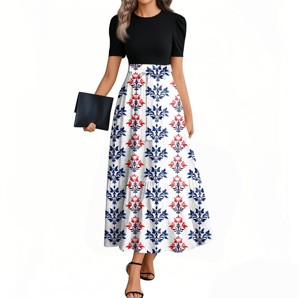 Women's Fashion Casual Belt Short Sleeve Round Neck Retro Printed Splicing Elegant Temperament Dress